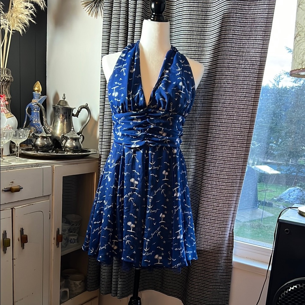 Blue Nautical Print Halter Dress
